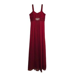 Dancing Queen Red Chiffon Ruched Rhinestone Maxi Formal Gown Sz L